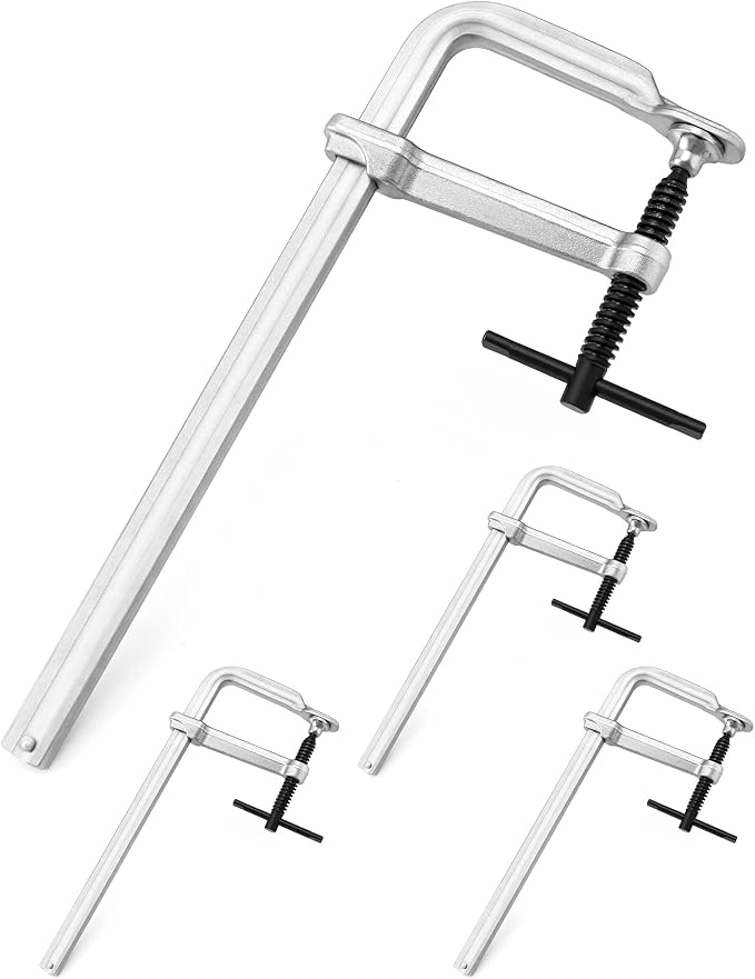 QWORK 12" Heavy Duty F Clamp, 4 Pack Drop-forged Bar Clamp, 4-3/4 Inch Throat Depth, 0.87" x 0.42" Guide Bar, Professional Forging Jaws, Rail, Spindle and Handle