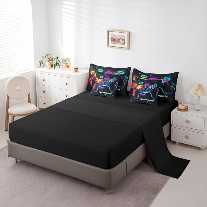 Customized Game Consoles Gamer Bedding Set King Bed in a Bag 7 Piece Gamer Gifts,Custom Name Gaming Comforter Sets for Boys Space Glow Geometric Kids Comforter Sets Boy,Gaming Decor for Boys Bedroom