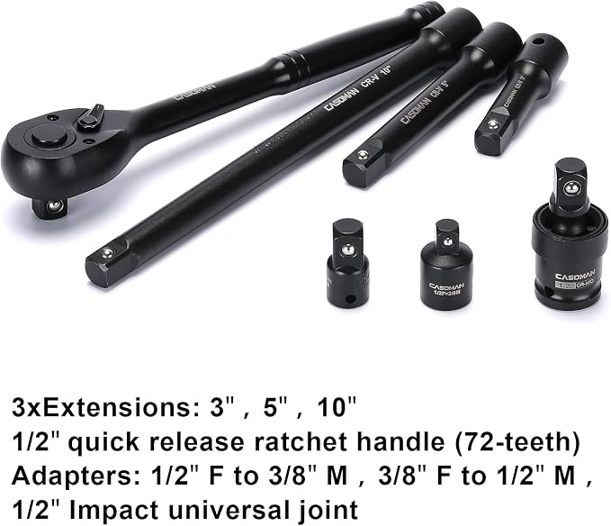 CASOMAN 1/2-inch 70 Pieces Impact Socket Master Set, SAE & Metric from 5/16"-1-1/4",8-24mm, Shallow/Deep Socket with Ratched Hand, Extension Bar and Adapters