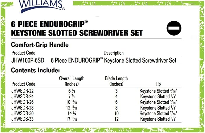 Williams JHW100P-6SD 6-Piece Endurogrip Slotted Screwdriver Set