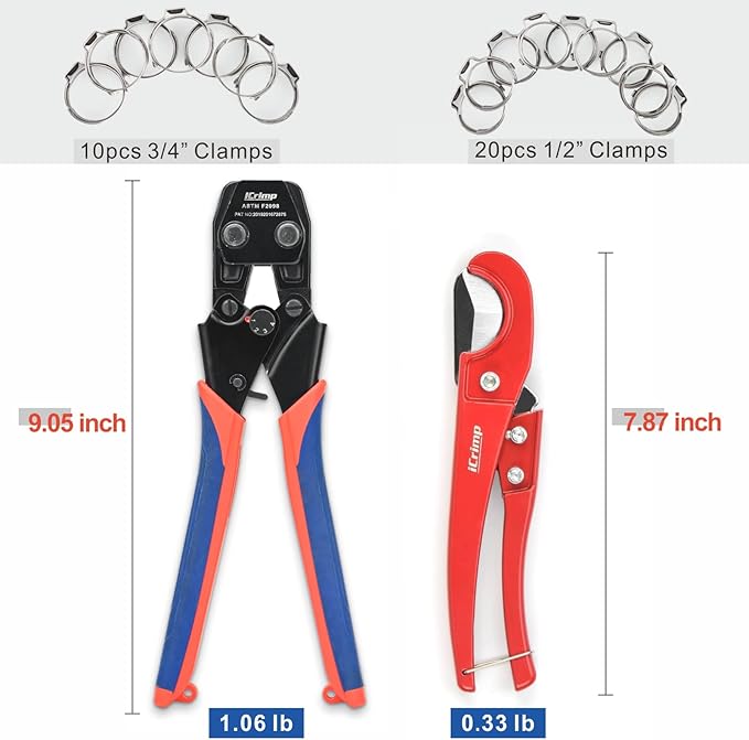 iCrimp PEX Pipe Quick Cinch Tool Set for Stainless Steel Clamp from 3/8-inch to 1-inch with Pex Cutter, 20pcs 1/2-inch and 10pcs 3/4-inch Stainless Steel Clamps included