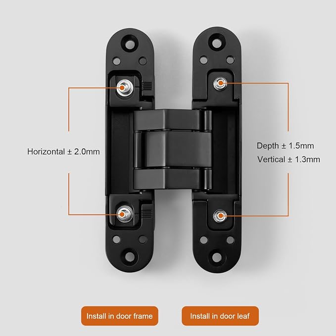 YAGU 5.5 inch 3 Way Adjustable Invisible Hinges Hidden Door Hinges Concealed Hinges Zinc Alloy 180 Degree Swing Hinge Butt Hinge Matte Black (1 Piece)