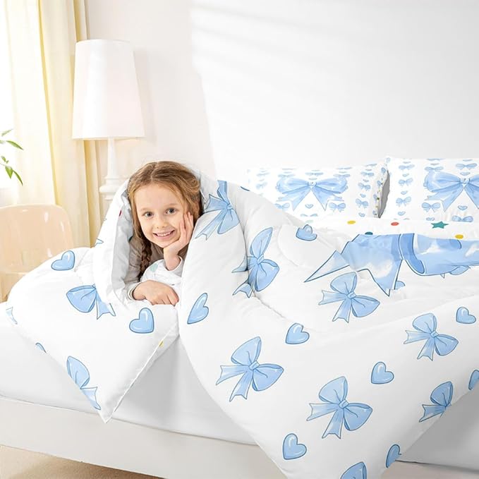 Feelyou Cute Blue Bowknot Kids Comforter Set Queen Size Love Hearts Bow Bedding Set Girly Bow Duvet Quilt for Kids Boys Girls Bedroom Decor Microfiber Ultra Soft Breathable