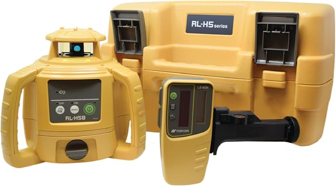 Topcon RL-H5B Laser Transit Leveler Kit - LS-80X Rotary Laser Receiver with Rod Bracket - 36-60in Precision Level 360 Laser Tripod - 13ft Fiber Rod Level Tool with Inch Increments for Construction