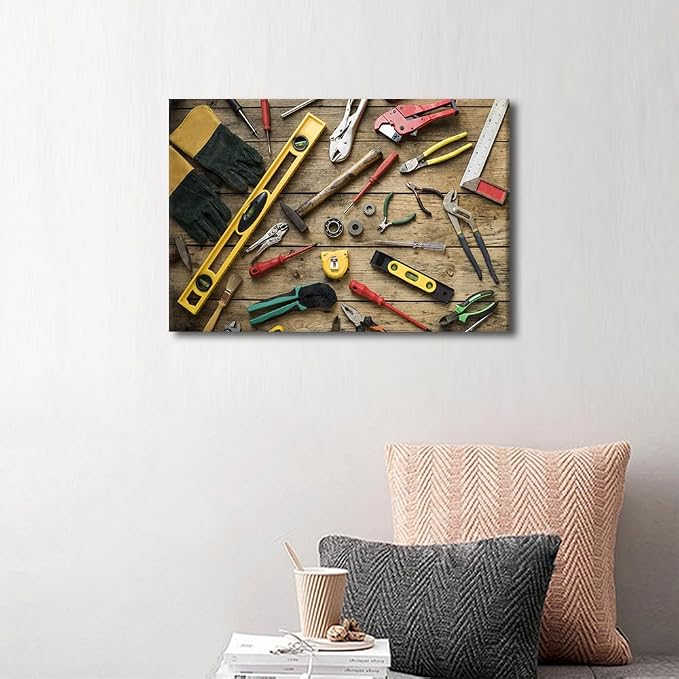 Canvas Wall Art Old Carpenter Tools on Wooden Background Picture Hammer Cutter Utensil Poster Framed Artwork for Home Living Room Bedroom Wall Decor Ready to Hang 1pcs (12" Wx18 H)