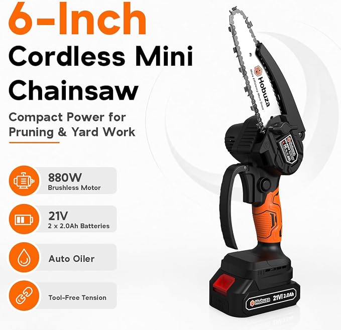 HOBUZA 6 Inch Brushless Mini Chainsaw, Lightweight One-Hand Saw for Pruning | 880W Brushless, Lightweight 1-Handed & Women-Friendly, 2x2.0Ah Batteries 4-6H Runtime, Auto Oiler, Safety Lock for Tree Work