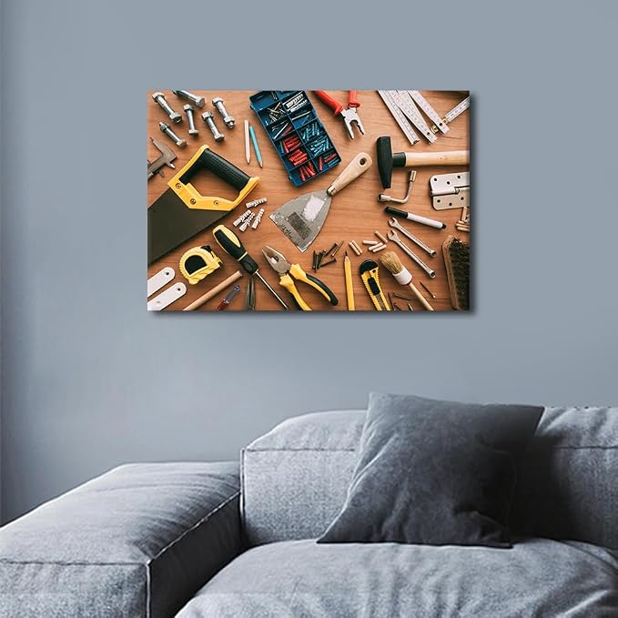 Construction Instruments Background Picture 1 Panels Canvas Wall Art Living Room Assorted Woodwork Carpentry or Construction Tools Poster Framed Artwork for Farmhouse Bedroom Wall Decor (12" Wx18 H)