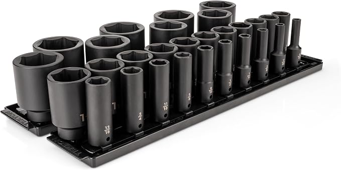 TEKTON 1/2 Inch Drive Impact Socket Set, 29-Piece | SID92109 | (5/16 - 2 in.), Deep, 6-Point, Socket Rail