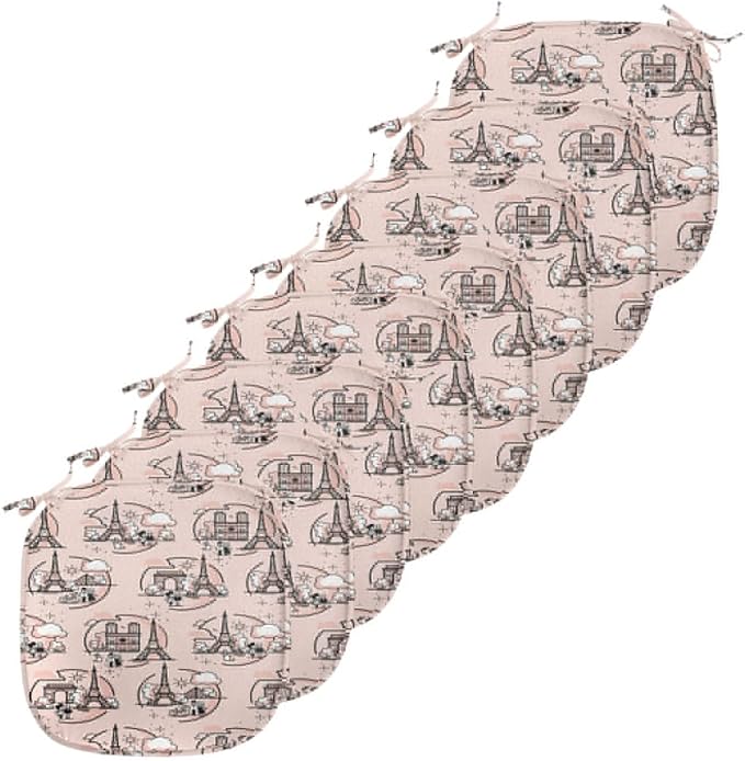 Lunarable Notre Dame Chair Seating Cushion Set of 8, Doodle Drawings of The Eiffel Tower Paris and a Couple, Anti-Slip Seat Padding for Kitchen & Patio, 16"x16", Blush Charcoal Grey