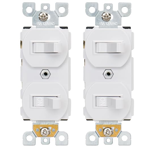 Baomain 2-Pack Double Toggle Light Switch,15 Amp 125V Two Single Pole Residential Grade,On/Off Electrical Wall Switch Self-grounding, Glossy White ETL Certified