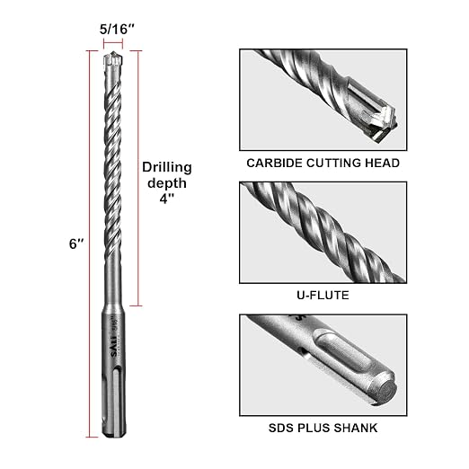 SALI 10PCS 5/16"*6" SDS Plus Rotary Hammer Drill Bit Kit for Concrete, Brick, Cement Walls, Stone - Cross-Type Double Thread Carbide Material - Suitable for Hammer Drills