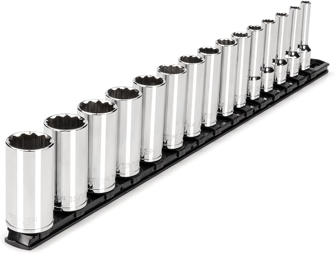 TEKTON 3/8 Inch Drive 12-Point Socket Set, 15-Piece | SHD91115 | (1/4 - 1 in.), Deep, Socket Rail