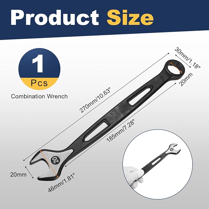 HARFINGTON Combination Wrench 20mm Metric Extra Long 12-Point Box and Open End Carbon Steel Double Ended Industrial Grade Spanner for Automotive Furniture Machinery DIY Repair, Black