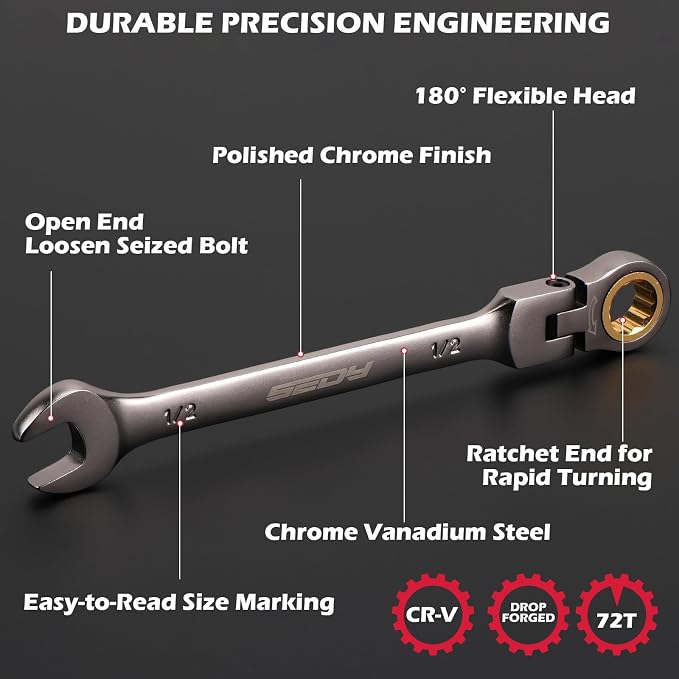 SEDY Premium 12-Piece SAE Flex-Head Ratchet Wrenches Set 1/4"-7/8" with Magnetic Organizer, Cr-V Steel Ratcheting Wrench Set with 72 Teeth 180° Flex Head, Ratchet Combination Wrench Set for Repair