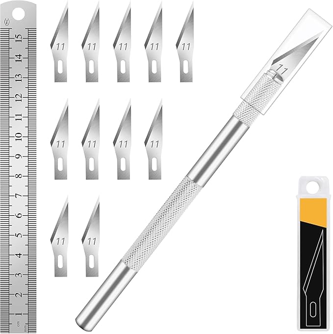 1 Pcs Craft Knife Hobby Knife with 11 Pcs Stainless Steel Blades Kit, 1pcs Steel 15MM Ruler for Art, Scrapbooking,Stencil