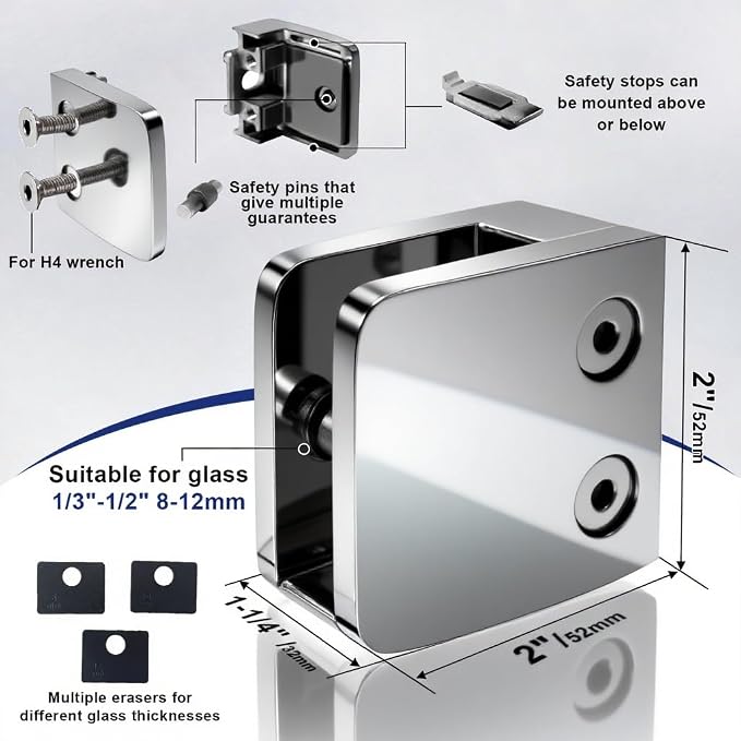 4-Pack Square Glass Clamps, 304 SS, Mirror Polished (LIUCHONGYANG99)