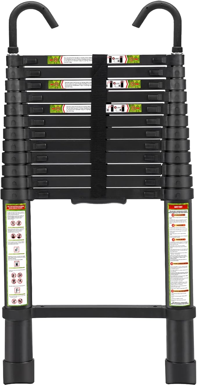 RIKADE Telescopic Ladder, 16.5 ft Aluminum Telescoping Ladder with Non-Slip Feet and Stable Hook, Portable Extension Ladder for Household and Outdoor Working, Max Load 330 lb, Black
