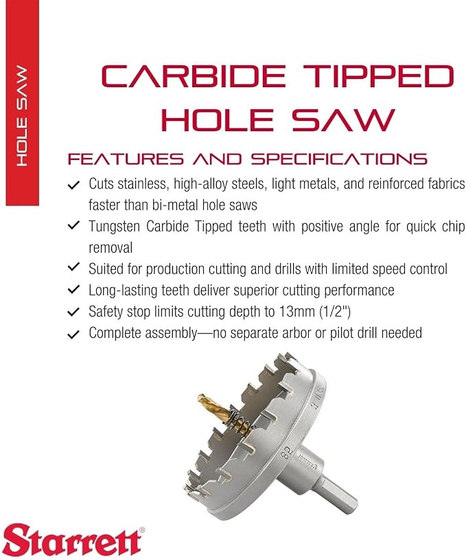 Starrett Tungsten Carbide Tipped Stainless Steel Sheet Metal Hole Saw - Ideal for Stainless, High Alloy Steel, Non-Ferrous Metals, Reinforced Fabrics - 3-11/32'' Diameter - SM85