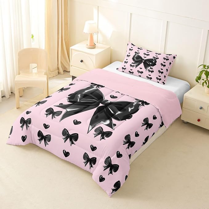 Feelyou Cute Pink Bow Comforter Set All Season Girly Bow Bedding Set with 1 Pillow Cases Love Hearts Bowknot Microfiber Kids Twin Bedclothes Bedroom Decor Duvet Quilt Breathable Soft Lightweight