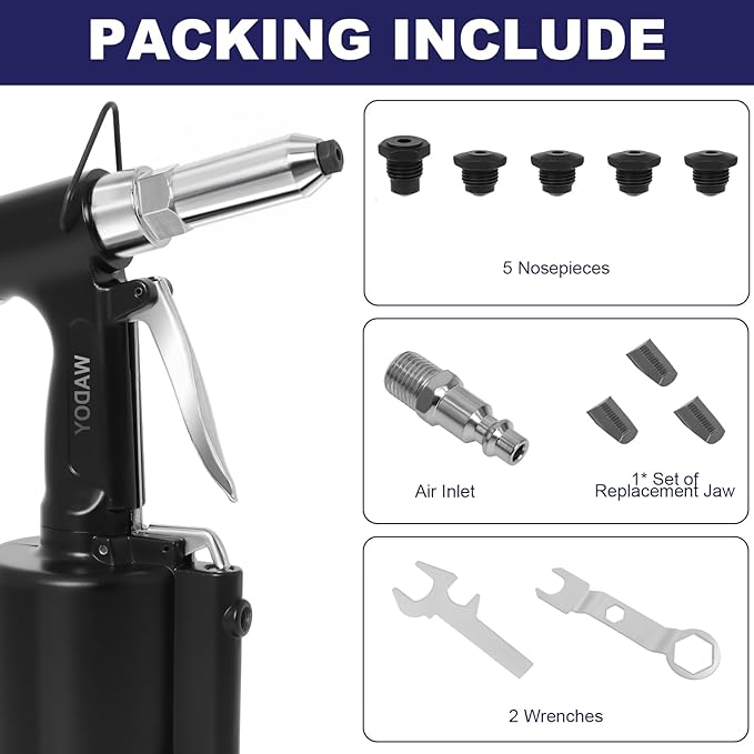 Wadoy Heavy Duty Air Rivet Gun-3924LBF Professional Pneumatic Riveter Kit with 5 Nosepieces (1/4", 3/16", 5/32", 1/8", 3/32") & 50PCS Rivets, 1/4" NPT Industrial Air Rivet Gun for Automotive, Home DIY