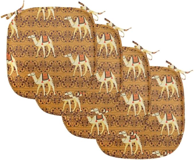 Lunarable Camel Chair Seating Cushion Set of 4, Traditional Pattern with Strokes Desert Animal Repetition in Folk Accessories, Anti-Slip Seat Padding for Kitchen & Patio, 16"x16", Apricot and Cream