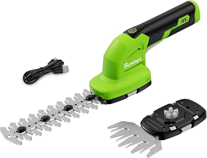 2 in 1 Hedge Trimmer Cordless, 7.2V Electric Grass Cutter and Hedge Shears, Handheld Shrub Bush Trimmer, Lightweight Grass Shears with 2 Blades, Rechargeable Garden Tool with Battery and Type-C Cable