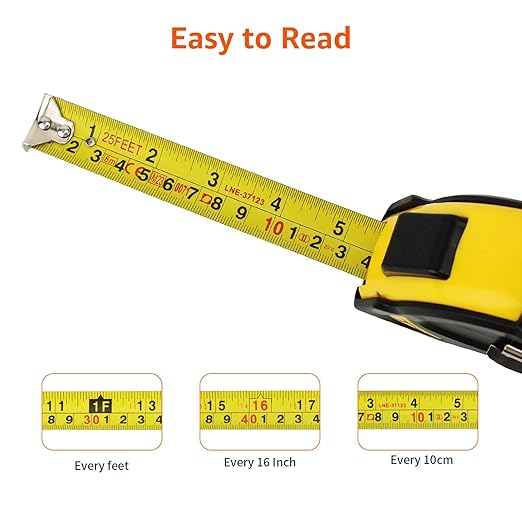 Amazon Basics Self-Locking Tape Measure, 25ft (8-meters), Accurate Dual Scale inch/metric, MID Accuracy, Extendable, 2-Pack, Yellow