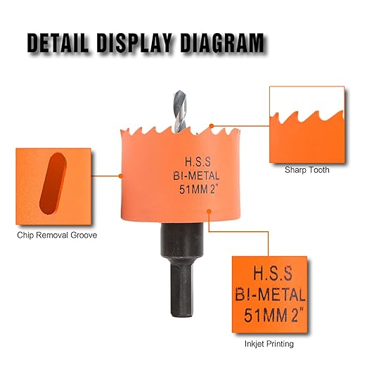 2 inch Hole Saw with Arbor for Cutting Metal Wood and Plastic, 51mm Bi-Metal Hole Cutter for Different Project with Smooth and Flat Drilling Edge, Fast Chip Removal