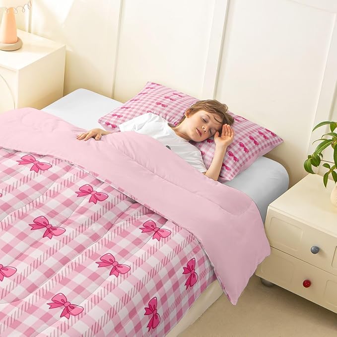 Feelyou Pink Grid Bowknot Comforter Set All Season Bow Checkered Bedding Set with 1 Pillow Cases Princess Microfiber Kids Twin Bedclothes Bedroom Decor Duvet Quilt Breathable Soft Lightweight