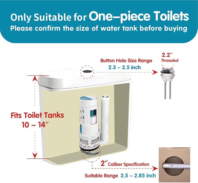 2-Inch Dual Flush Valve Replacement Kit for One-Piece Toilets - Includes 2.2" Threaded Button, 8.2" Flush Valve & Fill Valve - Fits 10-13.5" Tanks with 2.56-2.76" Drain Holes