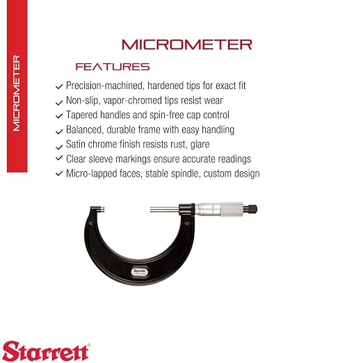 Starrett Outside Micrometer with One-Piece Spindle, Satin Chrome Finish and Advanced Sleeve Design - Quick and Easy Adjustment, 5-6" Range, .0001" Graduation - T436.1XRL-6