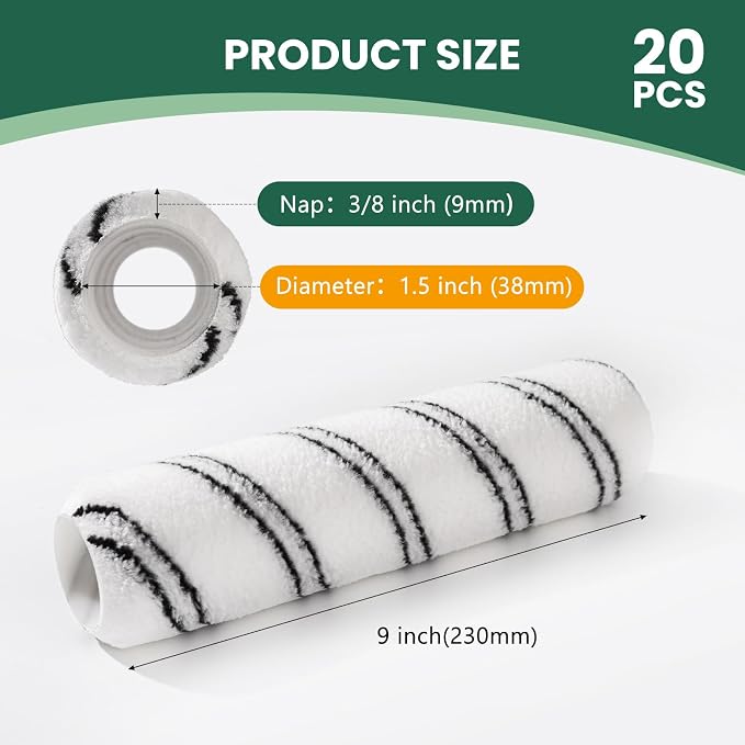 Paint Roller, 20 Pack Microfiber Paint Roller Covers 9 Inch, Large 9 Inch Paint Rollers for Painting Walls, Covers for Paint Roller Kit