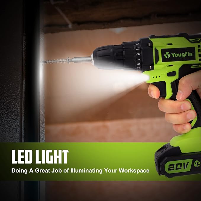 Cordless Drill Driver Set 20V Power with Battery Charger and Carrying Case, 25+1 Torque Electric Drill, Variable Speed, 266 In-lb, 3/8'' Keyless Chuck, 34pcs Driver Bit, for Women, Green