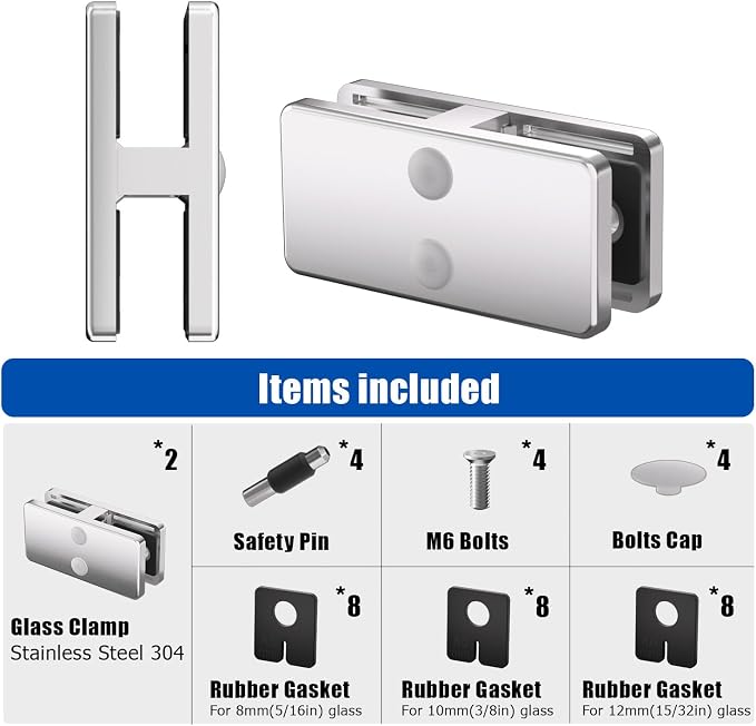 Glass Clamp, 2 Pack Stainless Steel 304 Adjustable 180° Corner Clips for Frameless Railing, Staircase, Balcony, Glass Holder - Perfect for Stairs, Balusters, and Railing Systems