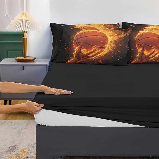 5 Pieces Basketball Comforter Full,Basketball with Fire Theme Sports Comforter Set Twin,Boys Bed Set with Sheets,Basketball Bedding Sets Full
