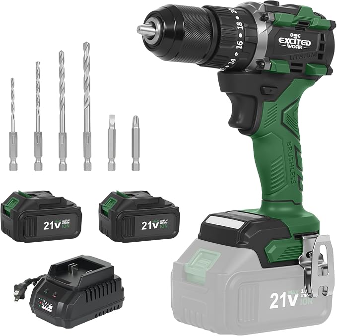 21V Brushless Power Drill Cordless, LAZYLAND 80Nm Electric Impact Drill Set with Dual 3.0Ah Batteries, 2 Variable Speed, 21+3 Torque Setting and LED Work Light for Home Repairing DIY, Green
