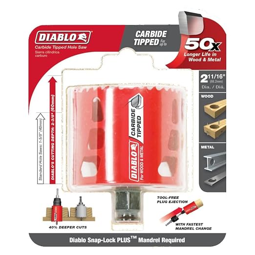 Diablo Carbide Teeth Hole Saw for Wood and Metal - Fits with Snap-Lock Plus Mandrel System, Tool-Free Plug Ejection - 2-11/16" Diameter, 2-3/8" Length - DHS2125CT