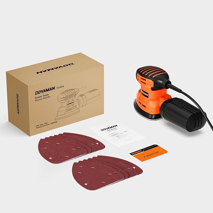 DOVAMAN 130W Detail Sander, 12000RPM Palm Sander Tool, Dust Collection System, 12PCS Sandpaper, Compact Hand Tool for Wood Steel Surfaces