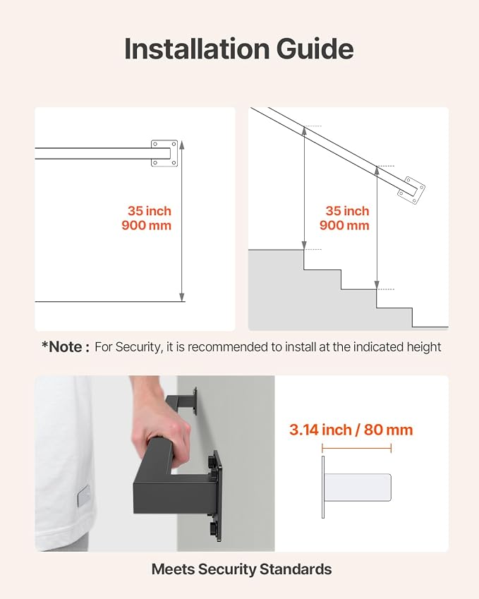 VEVOR Wall Mounted Stair Handrail, 3ft Black Iron Staircase Handrail Indoor, 250lbs Load Capacity, Industrial Railing Hand Rail for Steps, Square Tube for Loft Porch Deck, 2 Sections
