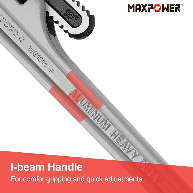 MAXPOWER 18-inch Pipe Wrench, 2.5 inch Jaw Opening Capacity | Heavy Duty Aluminum Plumbing Wrench