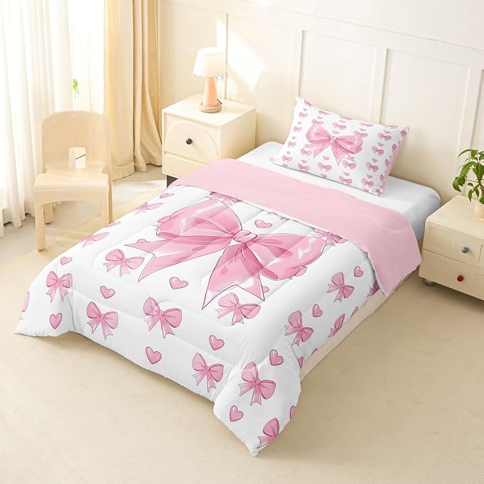 Feelyou Cute Pink Bow Bedding Set Soft for Boys Girls, Love Hearts Bowknot Comforter Set Twin Size Duvet Quilt Microfiber Bedroom Decor 2 Pcs with 1 Pillow Cases
