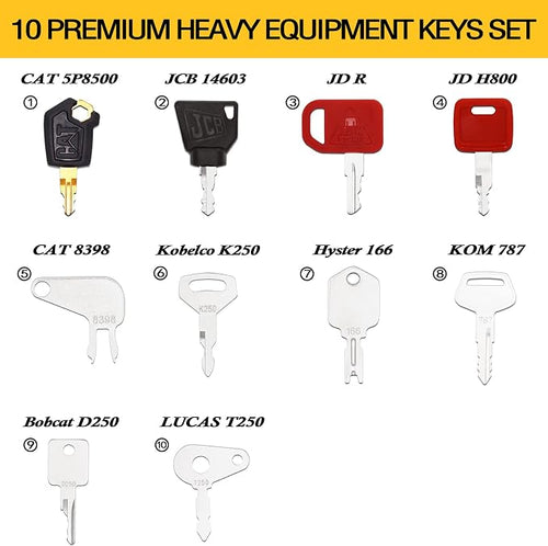 10 Heavy Construction Equipment Keys Master Set, Replacement Ignition Key Fits Cat Caterpillar Case Jd John Deere Kubota Komatsu Hyster Yanmar Daewoo Takeuchi Ford New Holland Volvo JCB