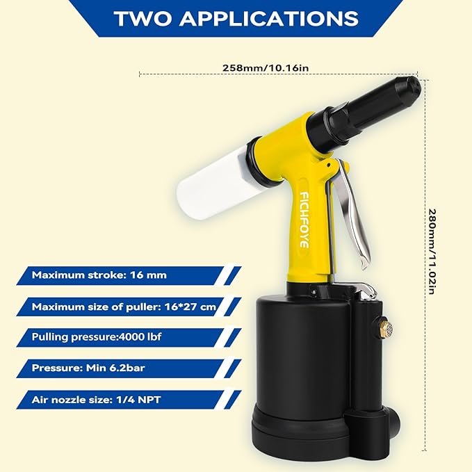 Heavy Duty Pneumatic Rivet Gun, 4000lbf Rivet Gun Set- 3/32", 1/8", 5/32", 3/16", 1/4" Air Riveter with NPT 1/4 inch for Automotive, Construction, Manufacturing Industries,Yellow