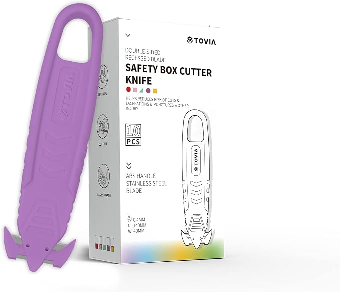 T TOVIA Safety Box Cutter Knife of Recessed Concealed Stainless Steel Blade, Package Opener Plastic Cutter for Box, Carton, Shrink Wrap, Plastic Straps, 10pcs purple