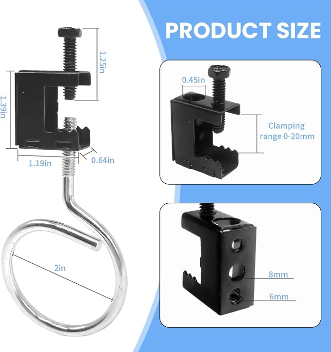1/4"-20 Steel Beam Clamps with 2 in Metal Threaded Bridle Rings, 30 Set Metal Beam Hangers Bolt on Clamp for Pipe Support, Conduit Alternative in Home Theater, Factory, Warehouse & DIY Projects