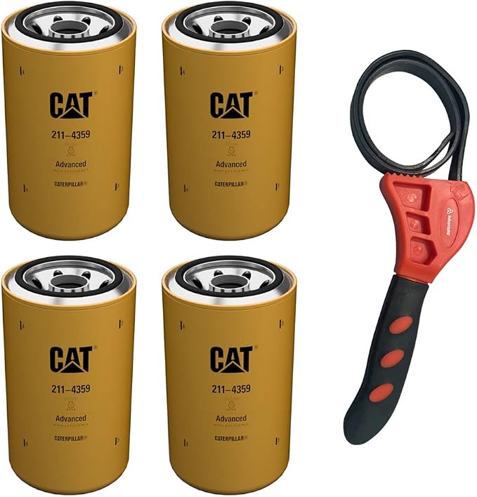 Caterpillar 211-4359 Engine Oil Filter Advanced High Efficiency w/IHD Strap Wrench Bundle (4)