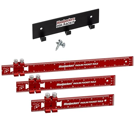 Woodpeckers Paolini Pocket Rule with Rack-It, Aluminum, Inch Set, Woodworking Ruler with Sliding Stop, Vertical End Scale, Scribing Notch