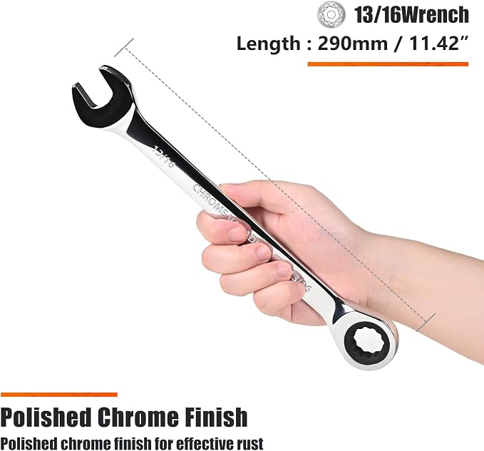 Egofine 13/16 inch Ratcheting Combination Wrench SAE, Industrial Grade Gear Spanner with 12-Point Design, 72-Tooth Ratchet, Chrome Vanadium Steel