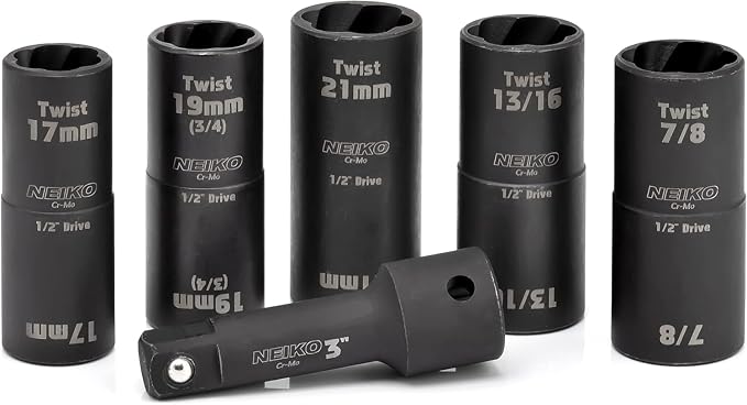 NEIKO 02340A Twist Socket Set, 6 Pc Lug Nut Extractor, SAE & Metric, 1/2 Inch Dr. Impact Flip, 6 Point, CR-Mo Steel Wheel, 3" Impact Extension Bar, Black
