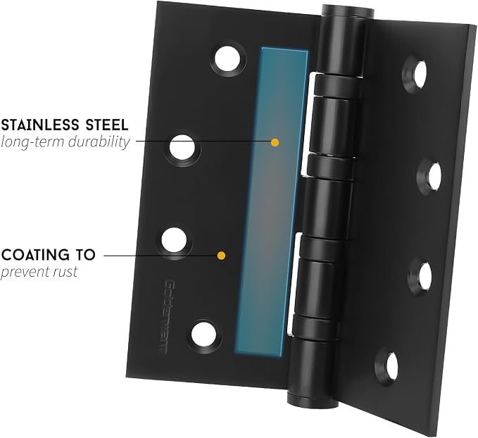 6 Pack goldenwarm Matte Black 4inch Door Hinges for Exterior Doors Ball Bearing Door Hinges with Square Corners, Heavy-Duty, 304 Stainless Steel